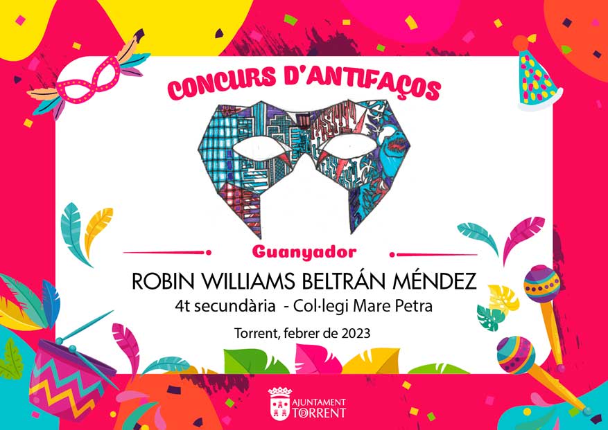 Robin Williams Beltrán Méndez, ganador del concurso de Antifaces de Carnaval 2023