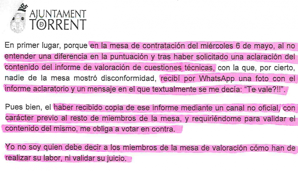 Extracto de la Junta de Gobierno Local donde se denuncian las irregularidades del proceso de contratación de Amparo Folgado.